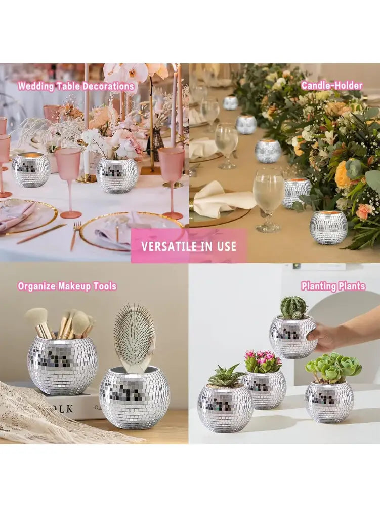 Decorbites™ elegant round glass vase featuring shiny silver disco ball planters with mirrored mosaic surfaces
