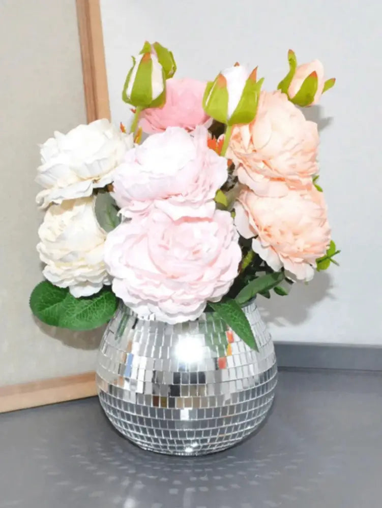 DecorBites™ elegant shimmering silver disco ball round glass vase holding pink peach and white artificial roses
