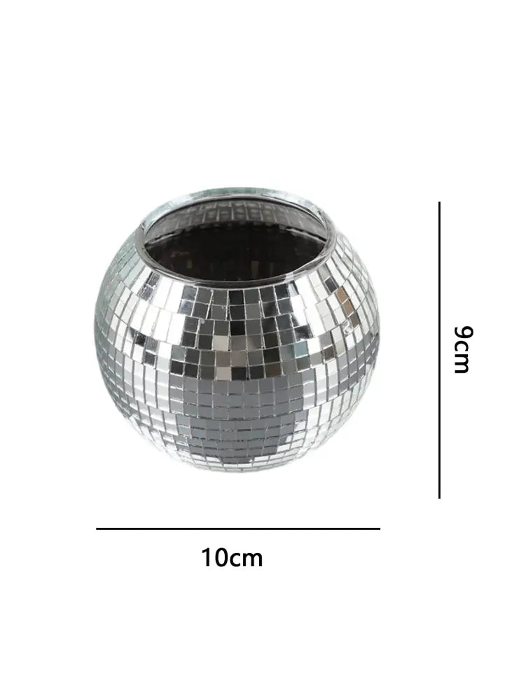 Decorbites™ elegant round glass vase featuring a spherical silver disco ball design with mosaic mirror tiles and open top
