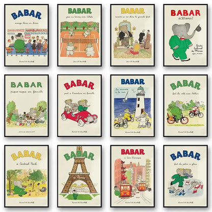 A collection of nine framed elephant babar family cartoon prints with colorful illustrations for kids room decor