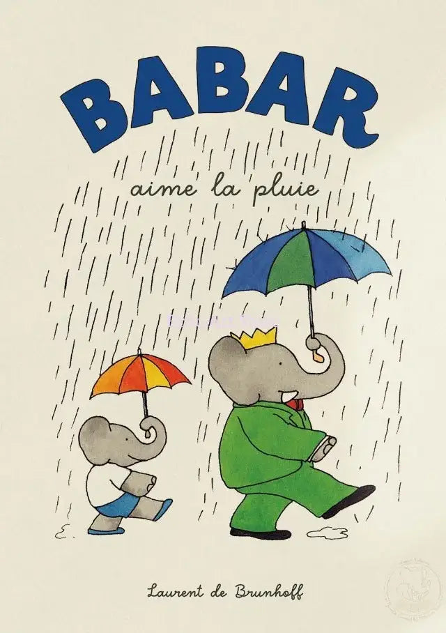 Decorbites™ elephant babar family cartoon print featuring an elephant holding a blue and green umbrella in a rainstorm for kids room