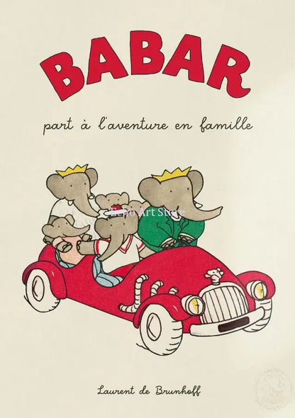 Red vintage-style car with chrome grille carrying four cartoon elephants in matching outfits for elephant babar family decor