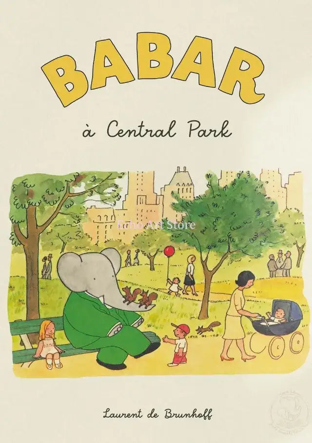 A charmingly illustrated children’s book cover featuring elephant babar in a green suit with babar family in city park