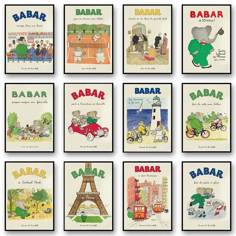 A collection of nine framed colorful elephant babar family posters featuring the iconic elephant in various kids room scenes