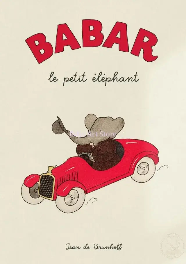 A charming decorbites™ elephant babar family yoga poster for kids room featuring babar in a red vintage car