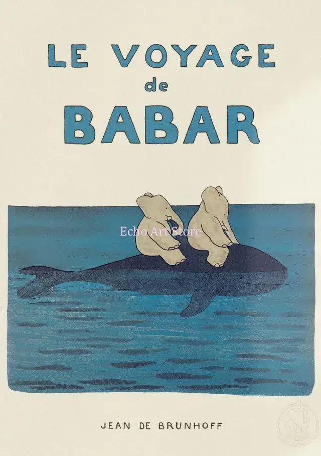 Blue illustrated book cover of decorbites™ elephant babar family yoga poster featuring two beige elephants on a whale