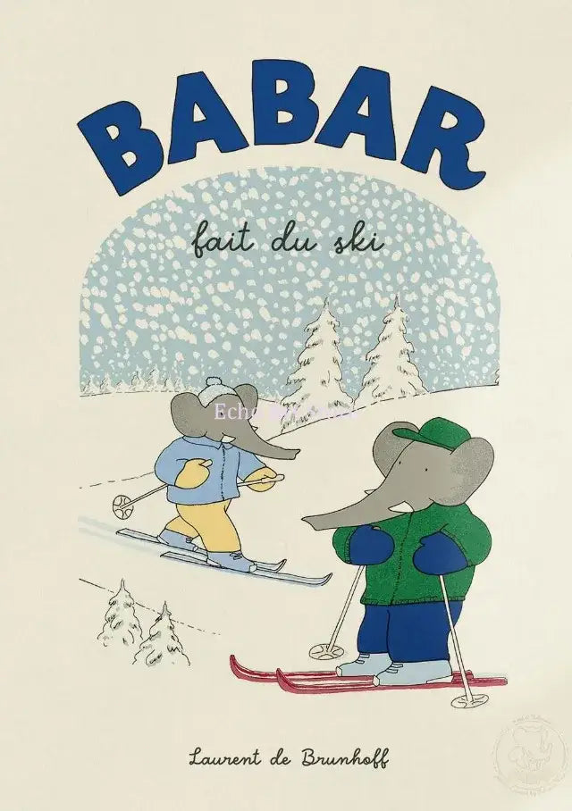 Decorbites™ elephant babar family yoga poster for kids room featuring blue and green cartoon elephants skiing on snow