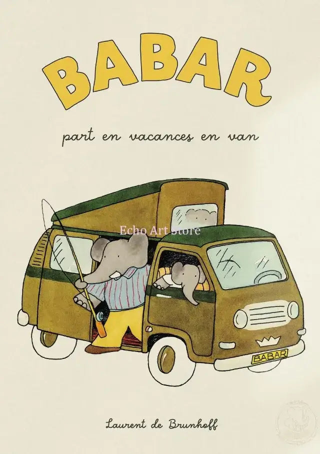 Brown and green vintage-style van with camper top featuring cartoon elephants for elephant babar family yoga poster