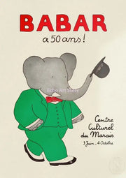 A charming gray elephant babar in a green suit with white trim and red bow tie tipping his black top hat in kids room poster