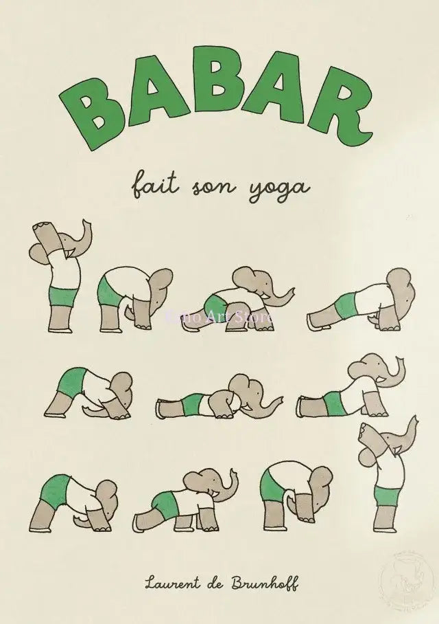 Green and beige illustrated DecorBites™ elephant babar family yoga poster featuring babar elephant poses for kids room