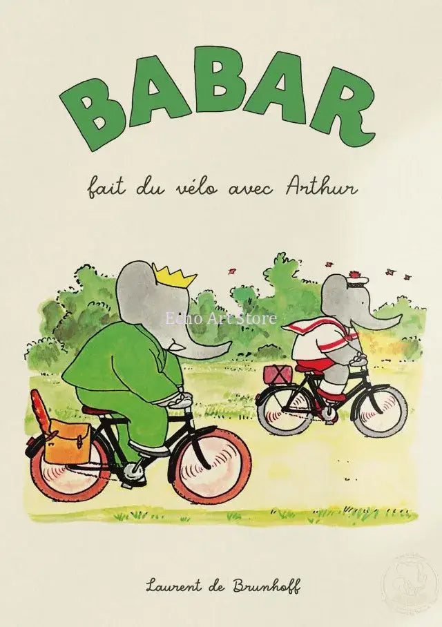Decorbites™ elephant babar family yoga poster for kids room featuring a green elephant babar riding a bicycle with orange bag