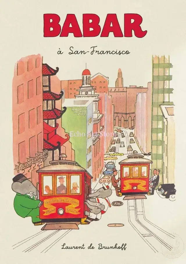 Decorbites™ elephant babar family yoga poster for kids room featuring red and yellow cable car with passengers