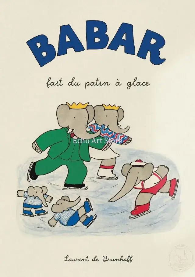 Decorbites elephant cartoon family canvas wall art featuring colorful ice skating elephants from babar fait du patin à glace