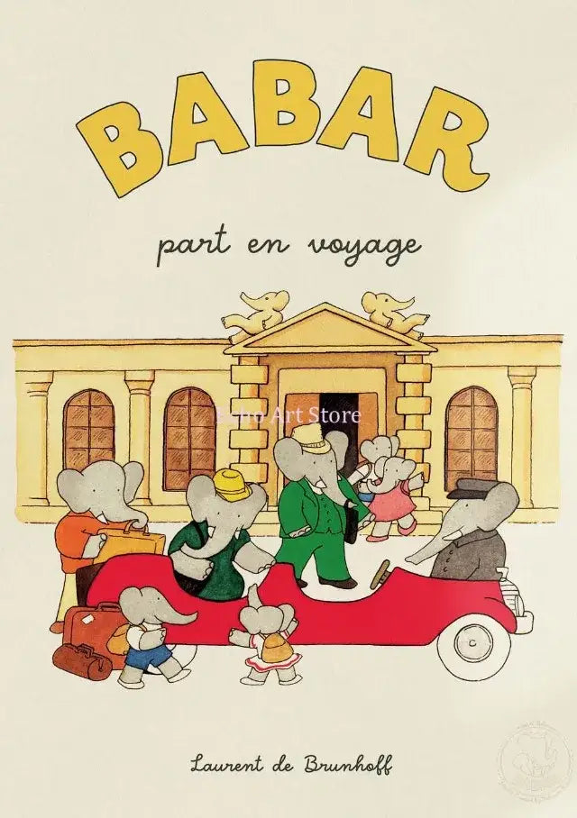 Cover of babar part en voyage featuring red convertible and cartoon elephants as canvas wall art for kids room decor