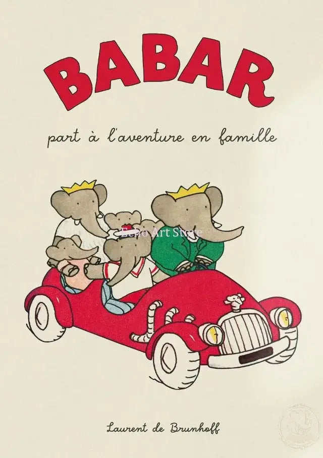Red vintage-style car with cartoon elephant family in matching outfits on green and red decorbites™ canvas wall art