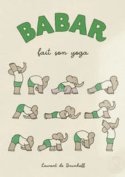 Green and beige canvas wall art featuring babar the elephant performing yoga poses for kids room decor