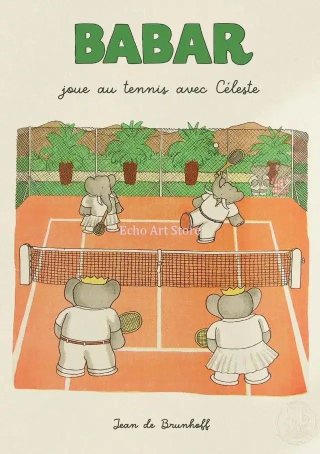 Decorbites™ elephant cartoon family canvas wall art featuring jean de brunhoff tennis scene in vibrant colors for kids room decor