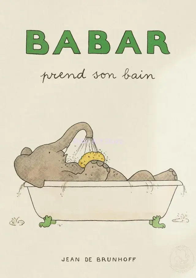 Decorbites™ elephant cartoon family canvas wall art with brown elephant and yellow sponge in white bathtub for kids room decor