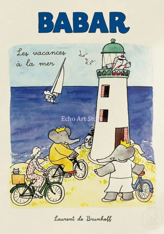 DecorBites™ elephant cartoon family canvas wall art featuring a seaside scene with lighthouse and bicycles for kids room decor