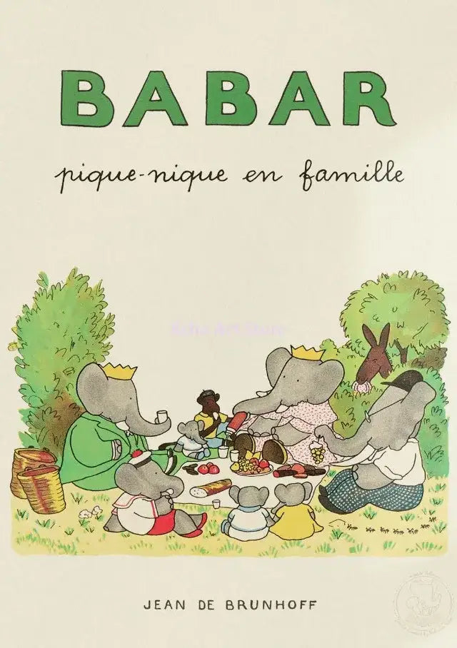 Cover of babar pique-nique en famille children’s book illustrated on colorful elephant family canvas wall art for kids room decor