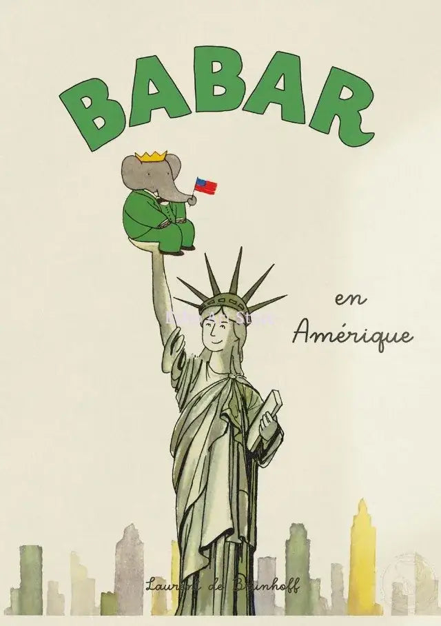 Green cartoon elephant wearing a crown holding a french flag on statue of liberty arm in DecorBites™ family canvas wall art
