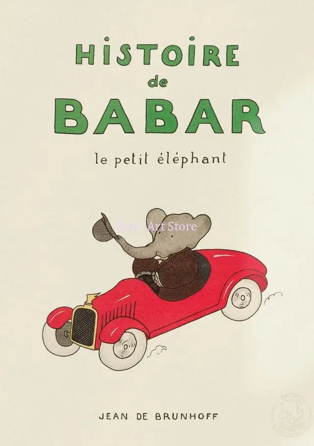 A charming elephant cartoon family canvas wall art featuring babar in a red vintage car for kids room decor