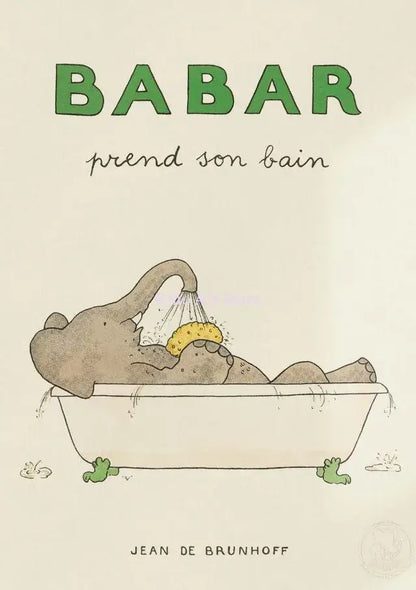 Decorbites™ elephant family cartoon canvas wall art featuring a brown elephant with a yellow sponge in a white bathtub