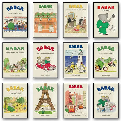 Decorbites™ elephant family cartoon canvas wall art featuring nine framed colorful babar children’s book posters