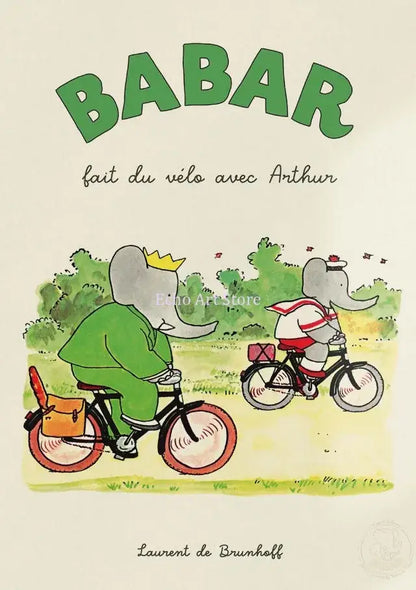DecorBites™ elephant family cartoon green elephant with crown on bicycle canvas wall art for playful decor