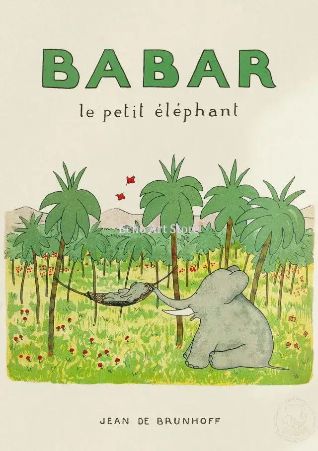 A kids room elephant family yoga poster featuring charming illustrations from babar le petit éléphant by jean de brunhoff