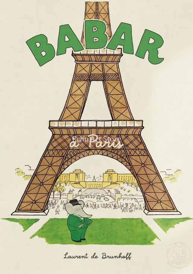 Decorbites elephant family yoga poster showing green cartoon elephant in suit under eiffel tower for kids room decor