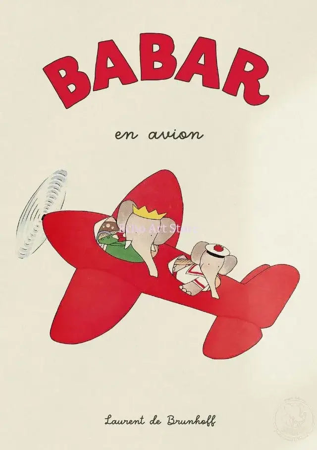 Decorbites™ elephant family yoga poster for kids room with red airplane featuring crowned and sailor hat elephants