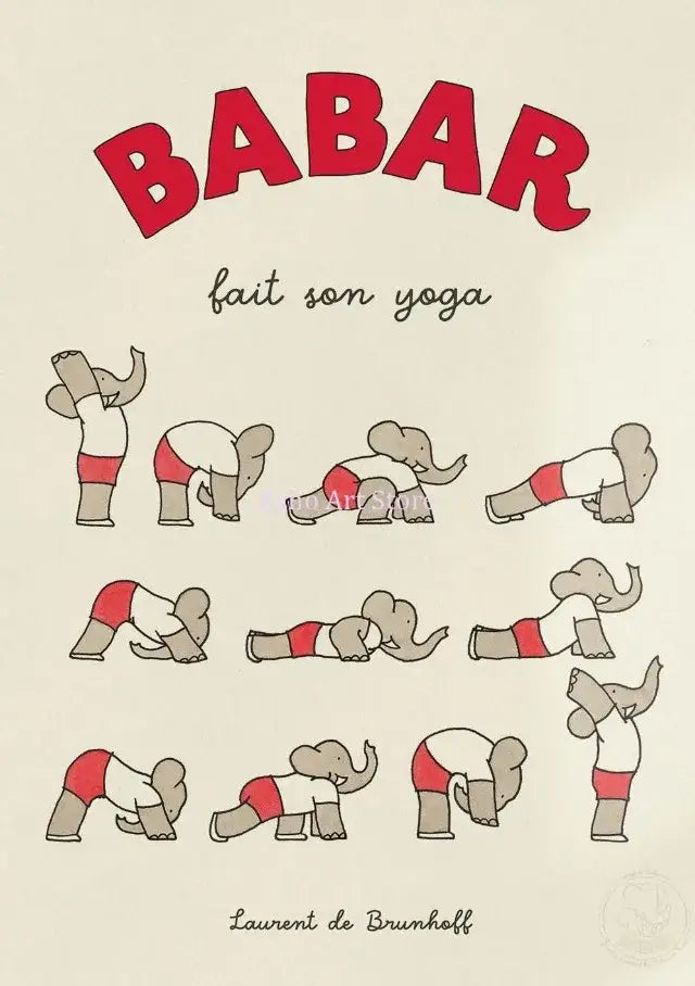 DecorBites™ elephant family yoga poster for kids room featuring red and gray cartoon elephants on cream background