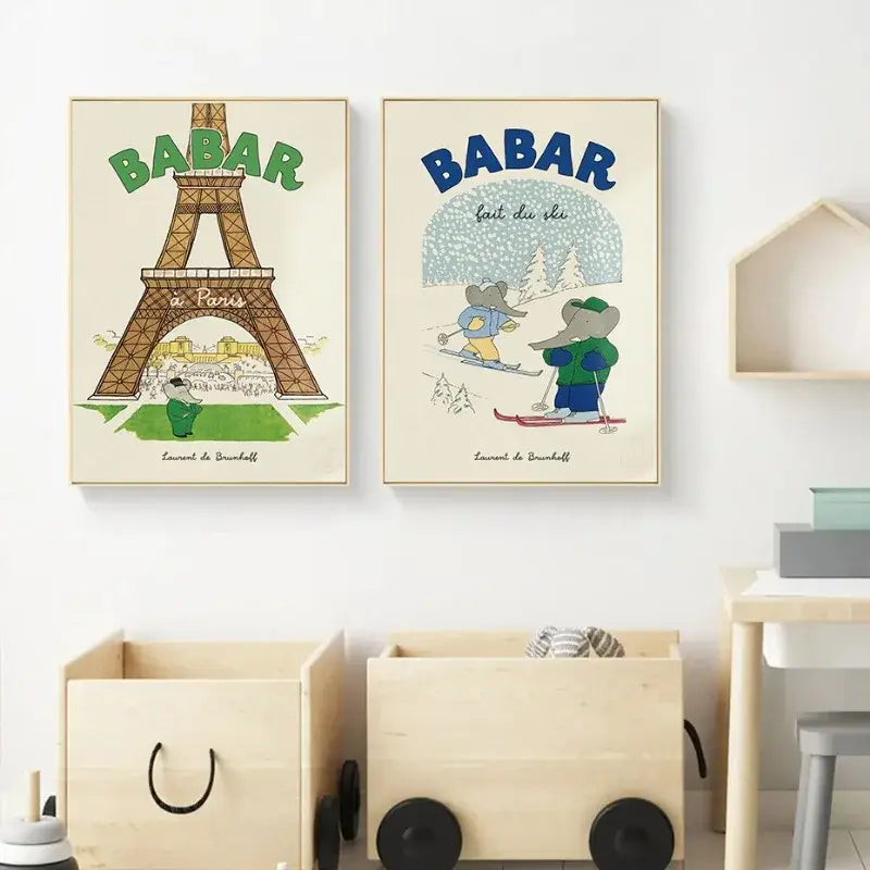 Two framed babar posters in green beige and blue green tones for kids room elephant family yoga decor