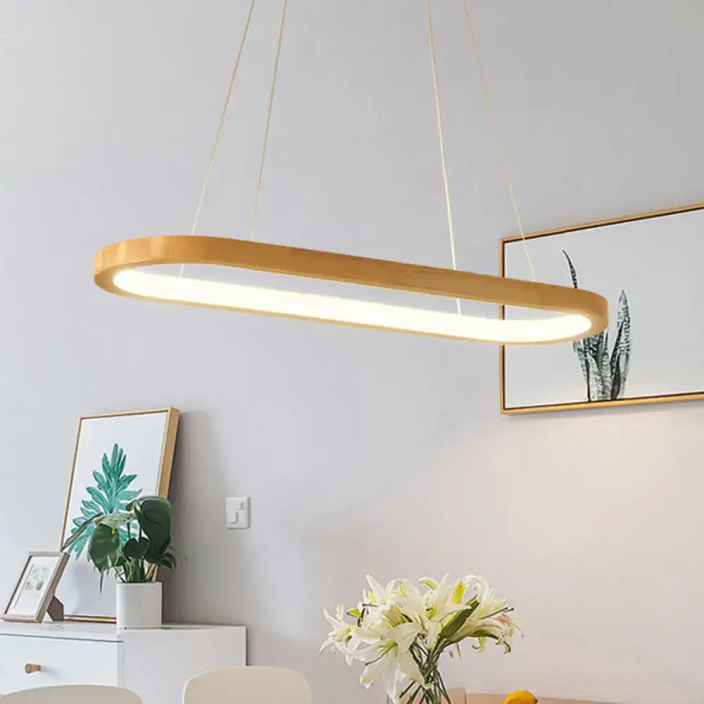 Modern oval pendant ceiling light with warm gold wood frame and integrated led strip bulb included in beige finish