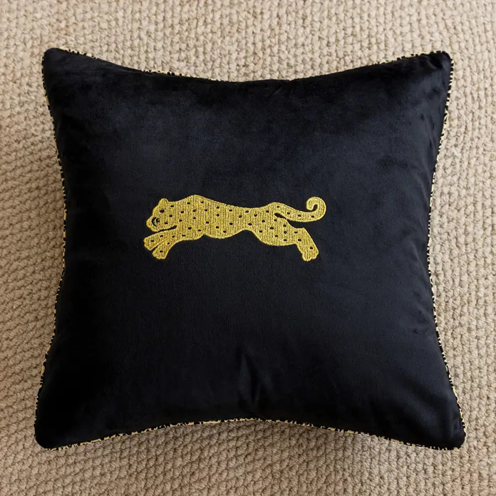 Black velvet cushion cover with gold sequined leopard embroidery by decorbites embroidered black white living room pillow