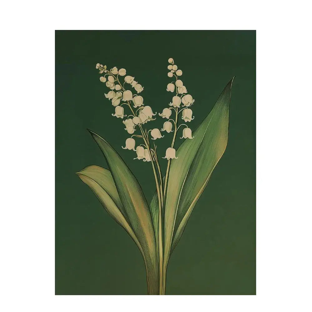 Delicate botanical wall art featuring emerald green lily of the valley flowers with creamy white blossoms on emerald background