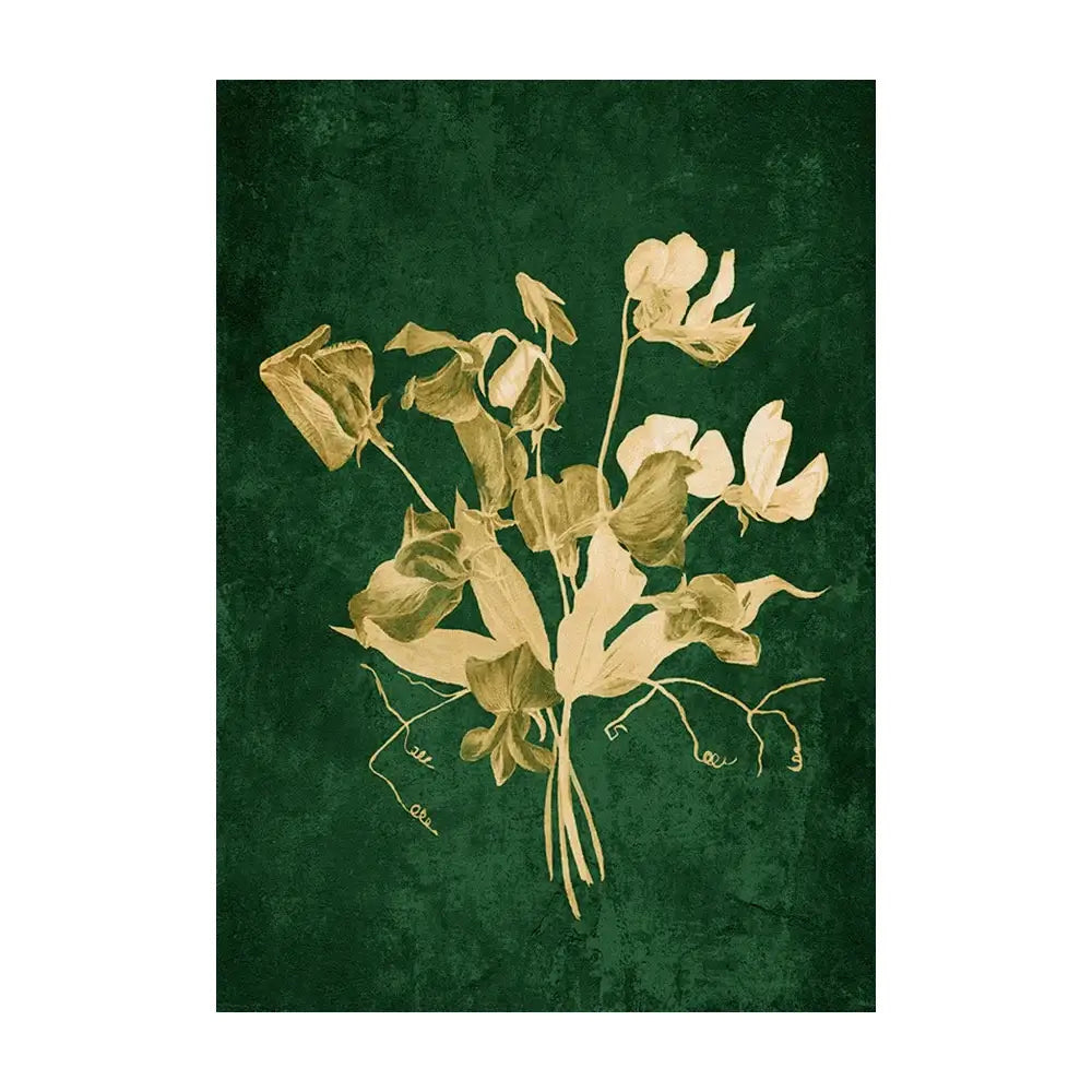 A delicate gold-toned botanical bouquet on textured emerald green background emerald green lily wall art by decorbites