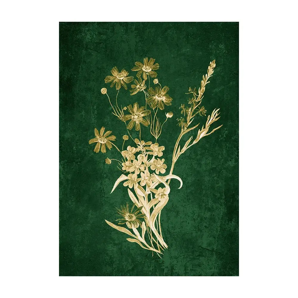 Elegant gold-toned botanical illustration on textured emerald green wall art featuring emerald green lily design