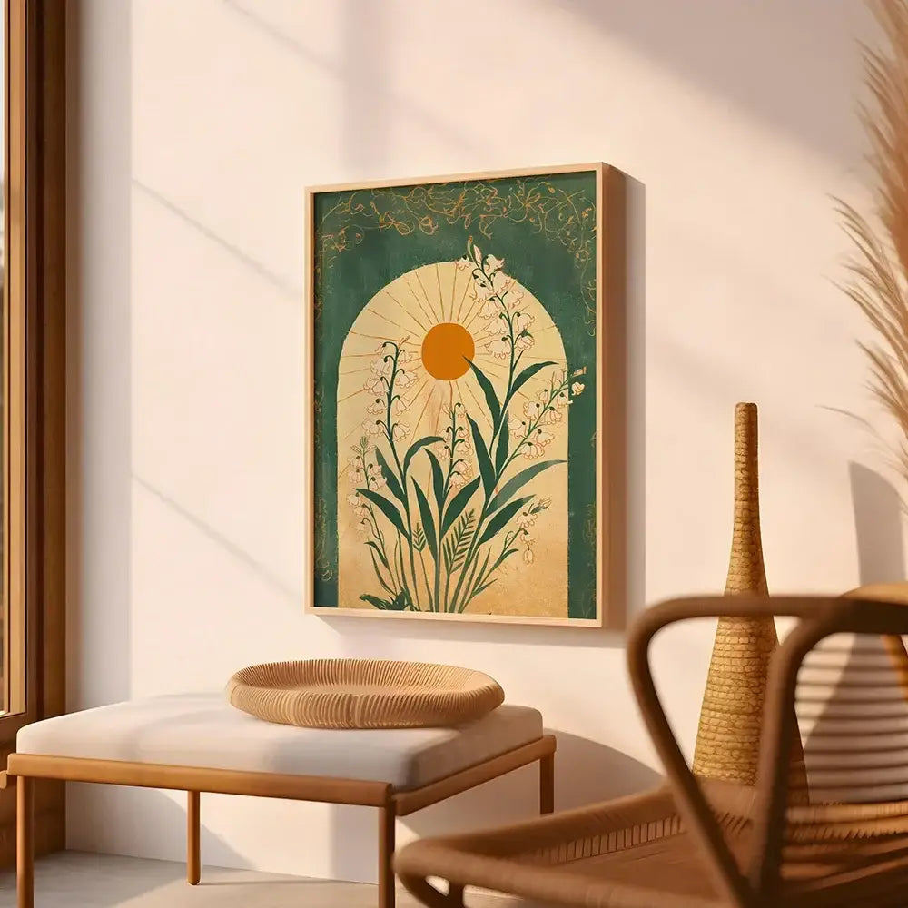 A framed emerald green lily of the valley wall art print with stylized sunburst and cream plants in a light wood frame