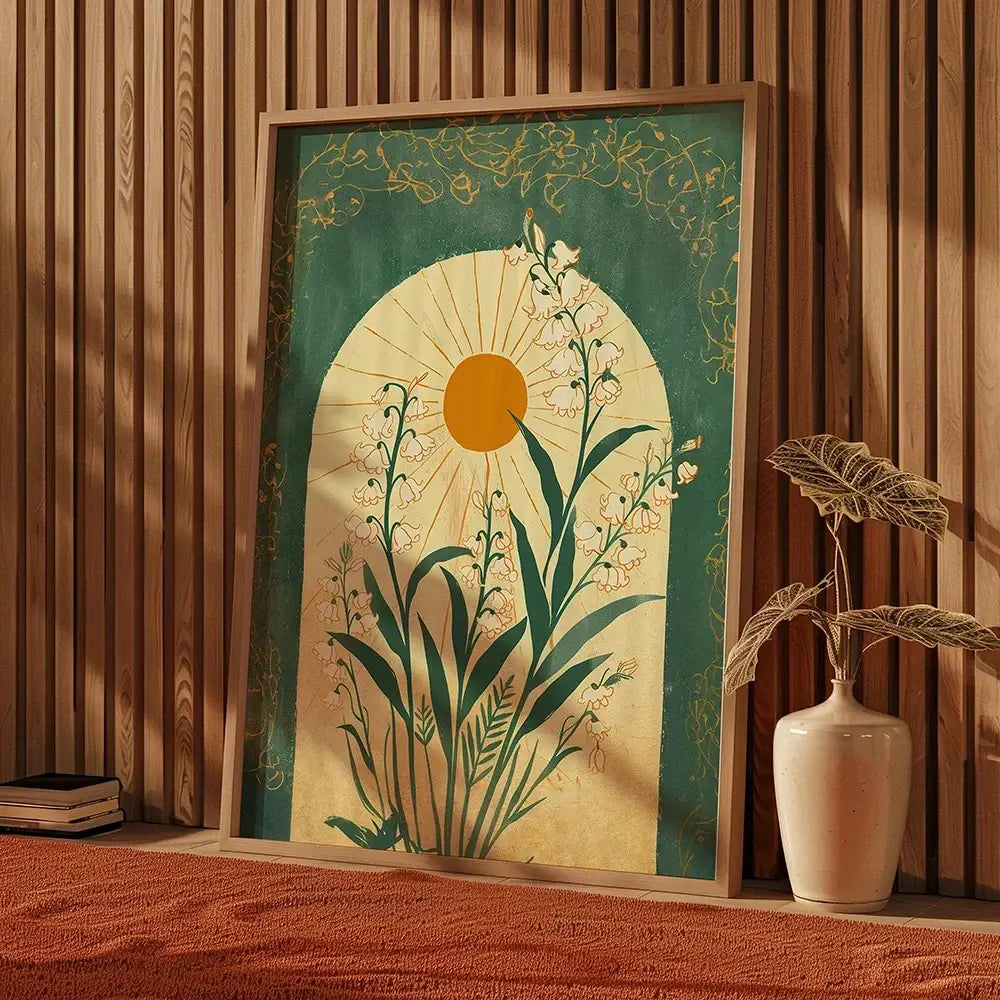 A framed emerald green lily wall art print featuring stylized white flowers and foliage in a light wood frame