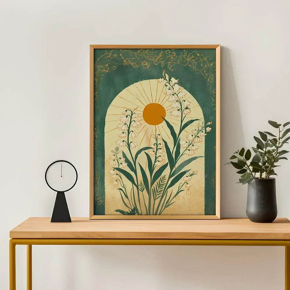 A framed decorbites™ emerald green lily of the valley wall art with a stylized sun and gold filigree border