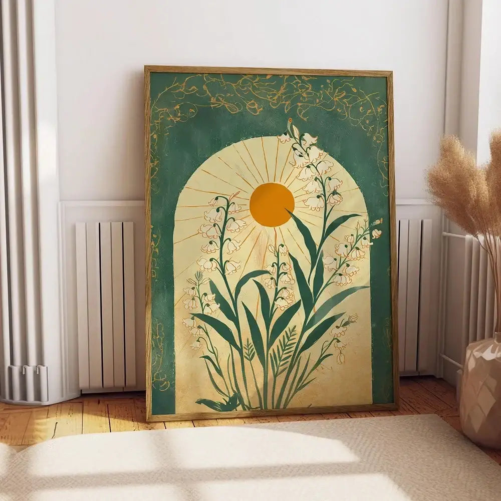 A framed DecorBites™ emerald green lily wall art print with white flowers and green leaves in a light wood frame