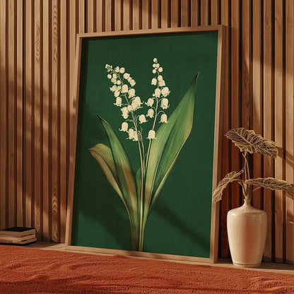 A framed DecorBites™ emerald green lily of the valley wall art with delicate white flowers and a light wood frame