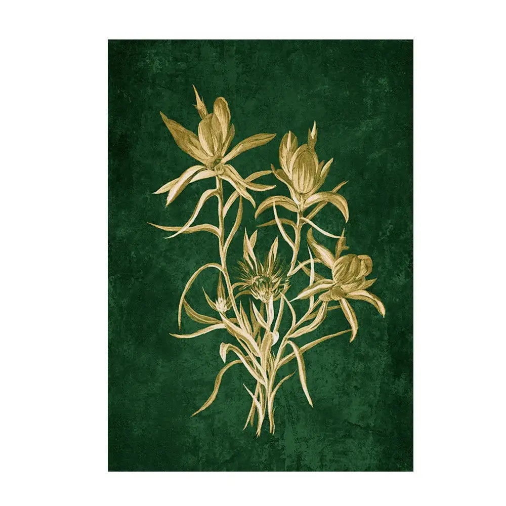 Golden botanical illustration print of emerald green lily on dark green textured background wall art by decorbites