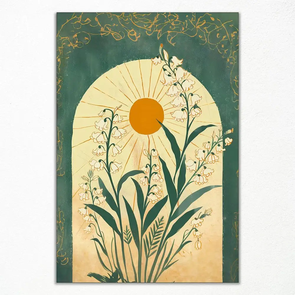 A rectangular decorbites wall art featuring emerald green lily of the valley with gold filigree and warm yellow sun rays
