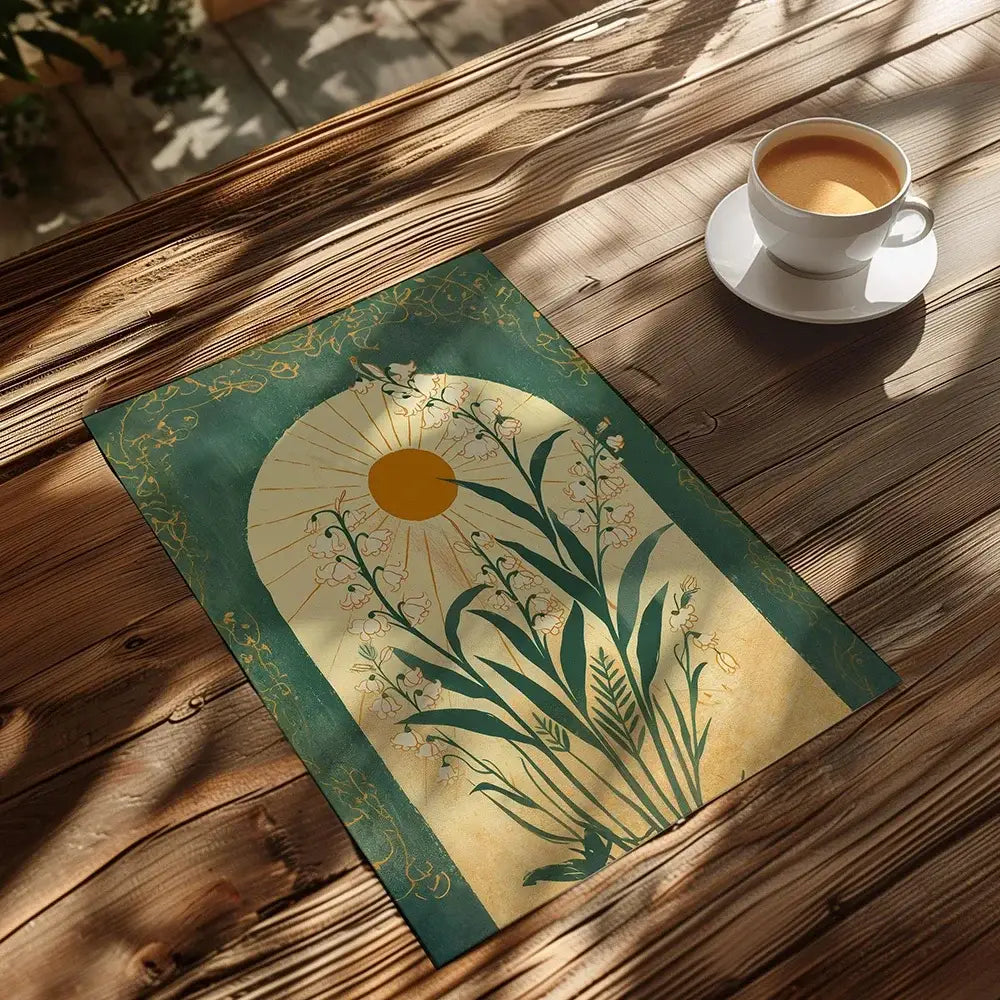 A rectangular emerald green wall art placemat featuring art nouveau sunburst and lily of the valley design with gold detailing