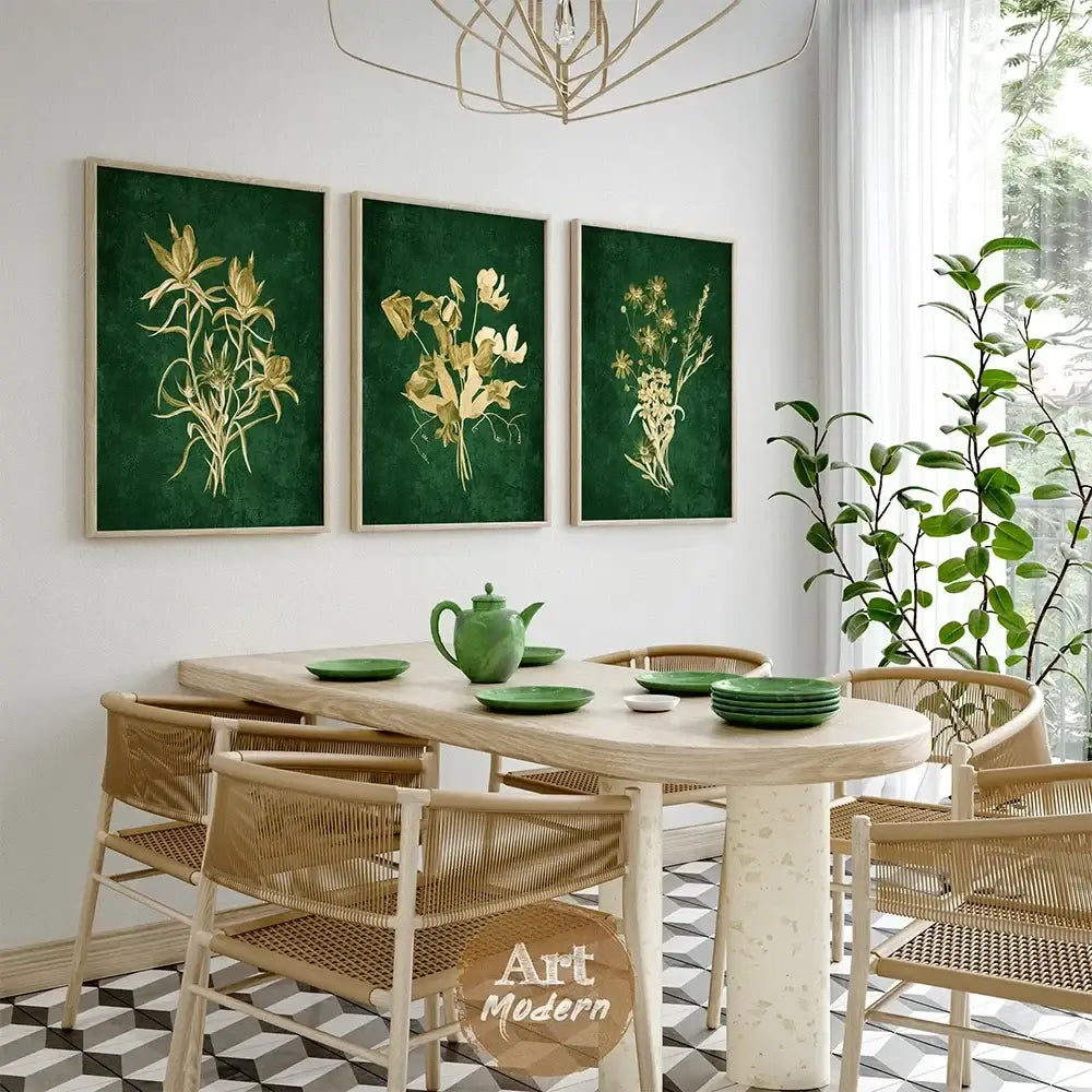 Set of three framed decorbites emerald green lily wall art prints with gold-leaf floral designs on deep green textured backgrounds