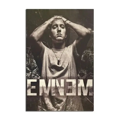 Black-and-white eminem canvas wall art featuring the rapper with hands on head for stylish home decor by DecorBites