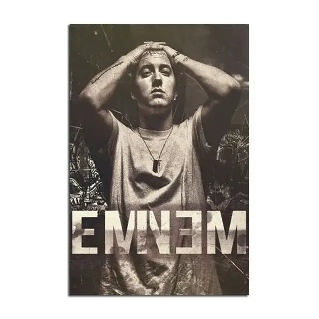 Black-and-white eminem canvas wall art featuring the rapper with hands on head for stylish home decor by DecorBites